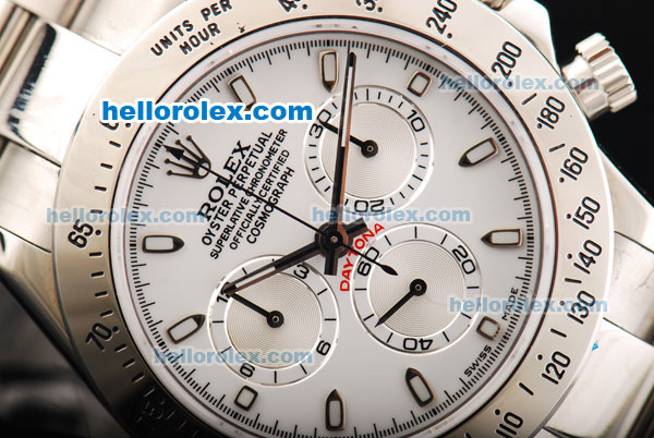 Rolex Daytona Oyster Perpetual Date Swiss Valjoux 7750 Chronograph Movement White Dial with White Stick Marker and SS Strap - Click Image to Close
